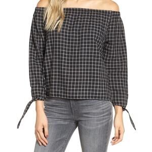 Madewell size small black & white plaid off-the-shoulder top with tied cuffs